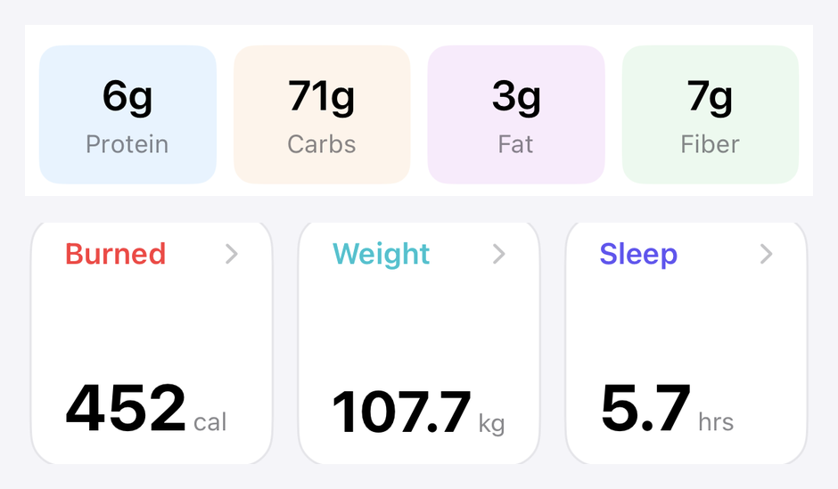EasyVitals reading Burned, Weight and Sleep from Apple Health alongside logged macros