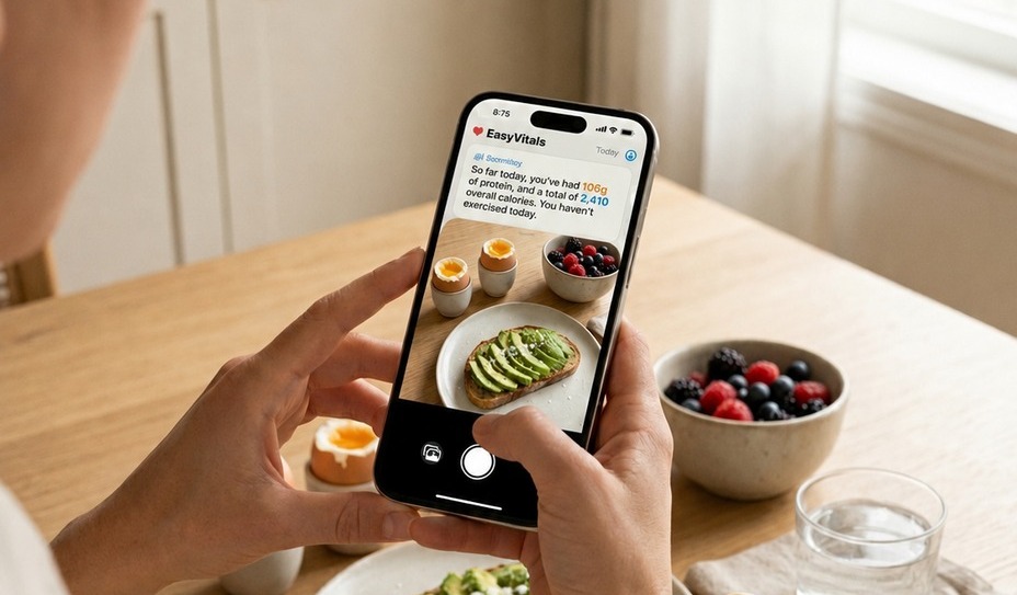 Snapping a photo of a plated breakfast in the EasyVitals app to log it